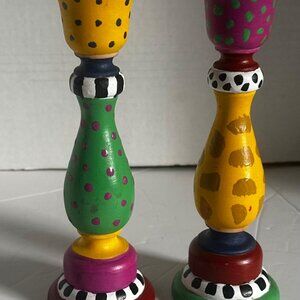 Share Vintage Whimsical Bright Hand Painted Wooden Candlestick Holders 7 in.